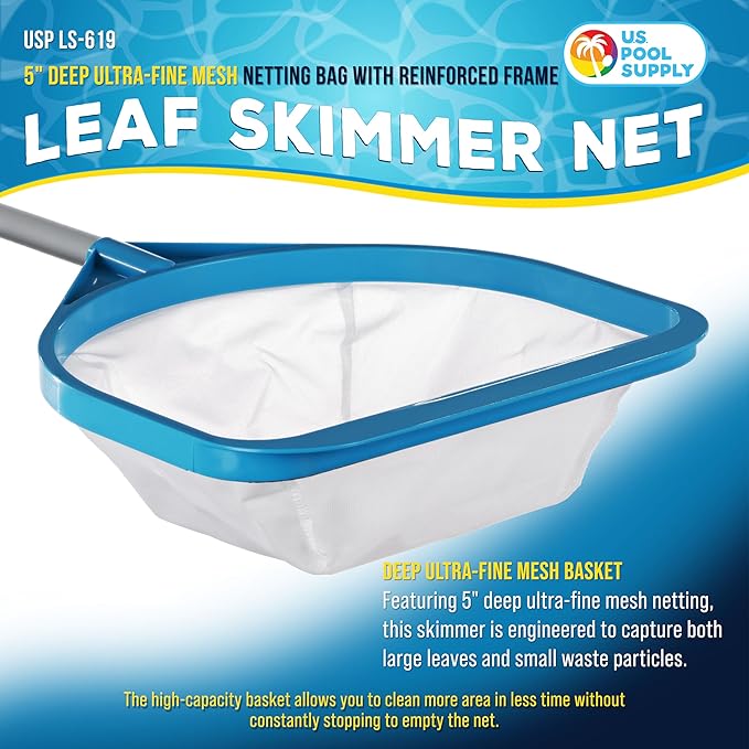 U.S. Pool Supply Pool and Spa Skimmer Net with Pole, 30" Long Handheld Ultra-Fine Mesh Pool Skimmer Net - Hand Held Spa, Hot Tub, Pond Cleaning - 17" Pole Handle, Deep Leaf Netting, Scoop Skim Leaves