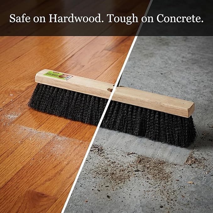 Black Indoor Push Broom Head – Heavy Duty Hardwood Block – Polypropylene Bristles – Deck Scrub Brush – Two Threaded Handle Holes for Better Assist (24")