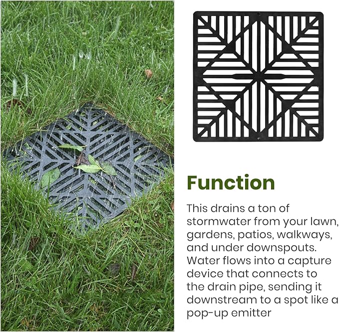 (2-Pack) Calvana Square Drain Grate, Compatible with NDS 1211G, Diamond Design for 12-Inch Catch Basins, Risers, and Low Profile Adapters, Extra Reinforcement for Toughness, Polyethylene, Black