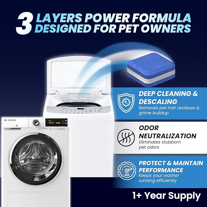 Washing Machine Cleaner Pro Tablets for Pet Owners - 42 Pack, Front & Top Load Washer Deep Cleaning, Septic Tank Safe, HE Support, Remove Stubborn Pet Hair, Eliminates Smells, Prevents Dander Build-up