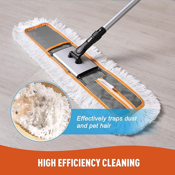 24" Commercial Dust Mop for Floor Cleaning, Heavy Duty Sweeper Broom with 2 Microfiber Mop Pads, Wet and Dry Duster Sweeper Broom for Marble, Laminate, Hardwood Floor Cleaning ,Grey