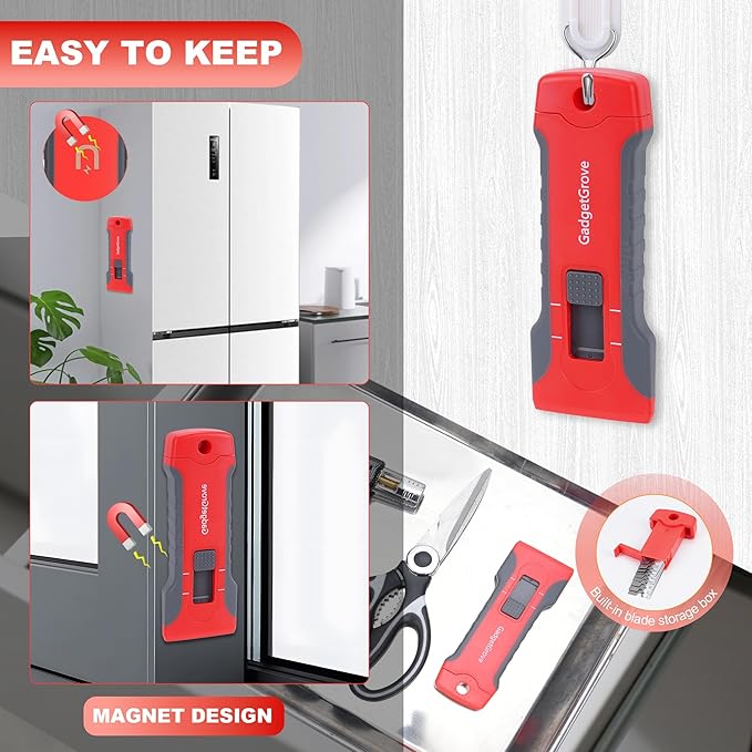 Razor Blade Scraper for Cleaning Glass Window, Cooktop, Oven, Stove, stove top,glass top stoves, Scraper with Buit-In Blade Storage, Upgraded Lock Mechanism, Razor Scraper Buit-In Blade torage, Red