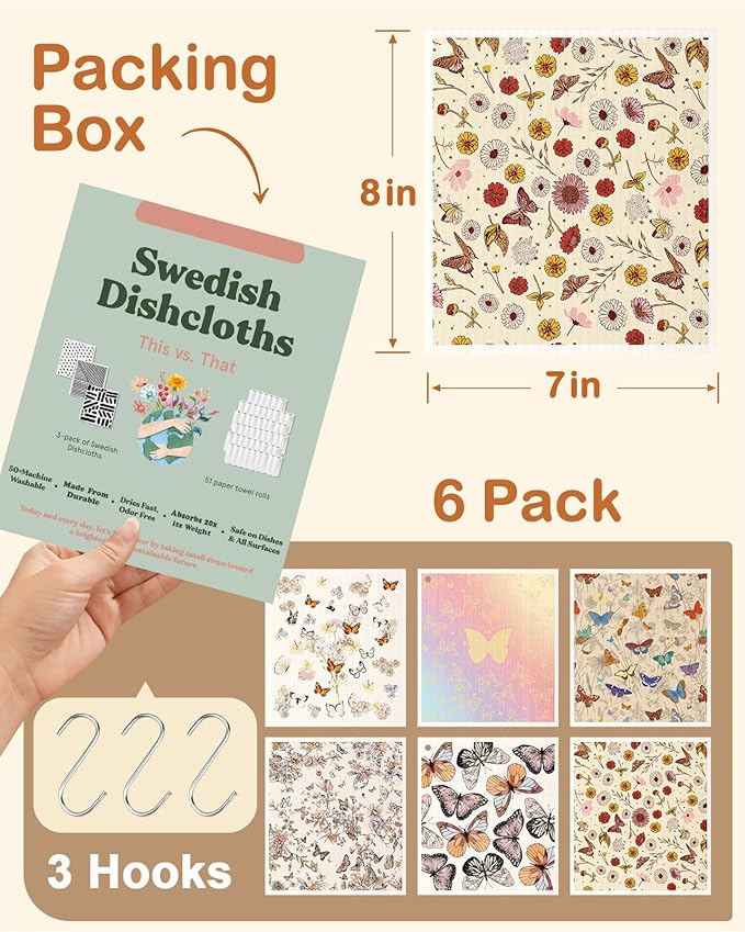 Miss Adola Kitchen Swedish Dishcloths with Hooks - 6 Pack Reusable Dish Cloths for Washing Dishes Fast Drying Cute Fun Swedish Dish Towels Washable Cleaning Sponge, Plant Butterfly
