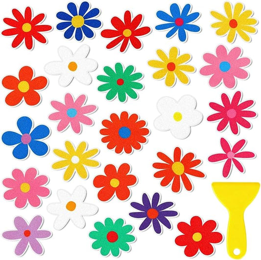 26Pcs Non Slip Bathtub Stickers, Colorful Flower Stickers with Scraper, Anti Slip Bath Tub Shower Decal with Adhesive Back for Bathroom, Shower Stairs