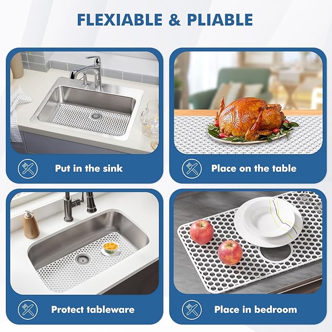 Silicone Sink Protectors for Kitchen Sink with Rear Drain - 28.3"x 15.7" Kitchen Protector Accessory, Non-Slip Heat Resistan Mat for Bottom of Farmhouse Stainless Steel Porcelain (White)