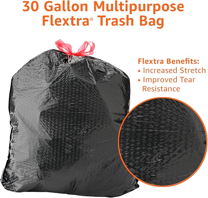 Amazon Basics Flextra Multipurpose Drawstring Trash Bags,30 Gallon,50 Count (Pack of 6)