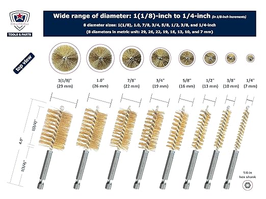 16-PC Bore Brush Set [8-Size X 2 Sets] Stainless-Steel and Brass Wire Brushes for Power Drill, Metal Brush, Cleaning Tool, 1(1/8), 1.0, 7/8, 3/4, 5/8, 1/2, 3/8, 1/4-inch Diameter, w/ 1/4-in Hex Shank