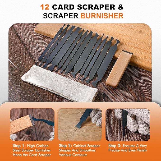 12-PCS Cabinet Scraper Set with Burnisher - Multi-Shaped Card Scrapers for Woodworking, Precision Wood Scraper Kit for Fine Finishing & Shape Shaping, Handcrafted Card Scraper for Woodworking Project