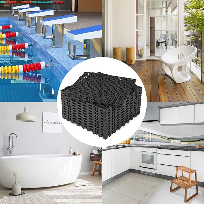 ToLanbbt Modular Interlocking Cushion 12P 11.8" x 11.8" Interlocking Rubber Floor Drain Holes Non-Slip Splicing Drainage Mats for Deck, Shower, Kitchen, Drain Pool, Sauna Bath, Indoor Outdoor (Black)