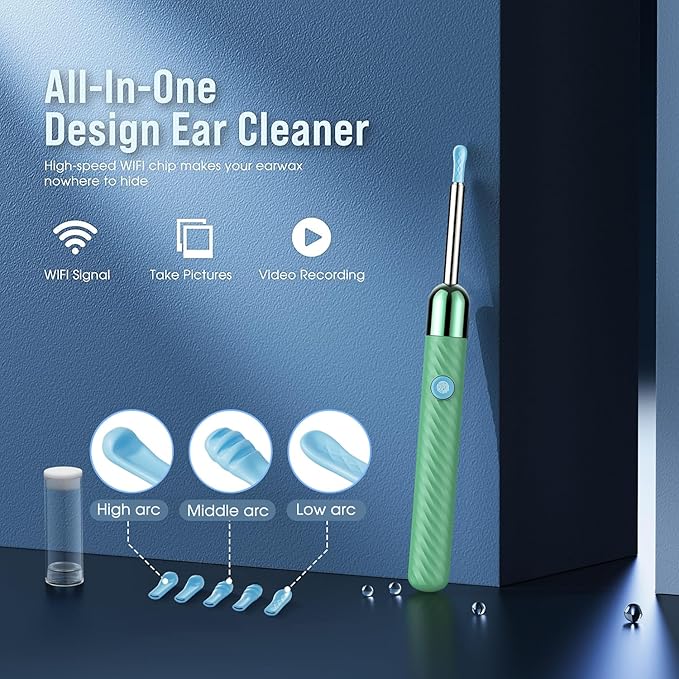 LEIPUT Ear Wax Removal - Earwax Remover Tool with 8 Pcs Ear Set - Ear Canal Cleaner with 1080P Camera - Ear Cleaning Kit with 6 Ear Spoon - Ear Camera for iOS & Android (Green)