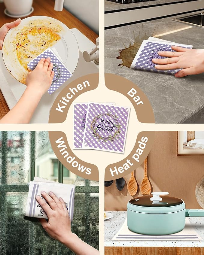 Miss Adola Kitchen Swedish Dishcloths with Hooks - 6 Pack Reusable Dish Cloths for Washing Dishes Fast Drying Cute Fun Swedish Dish Towels Washable Cleaning Sponge, Bicycle Lavender