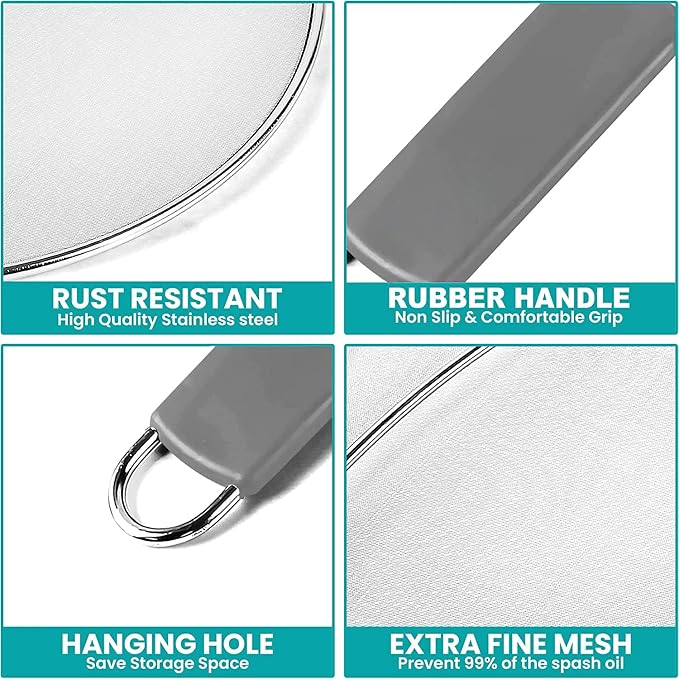 13" Grease Splatter Screen for Cooking | Stainless Steel Oil Splatter Guard and Ultra-Fine Mesh Protects Skin from Burns | TPR Tight-Grip Handle (Grey)