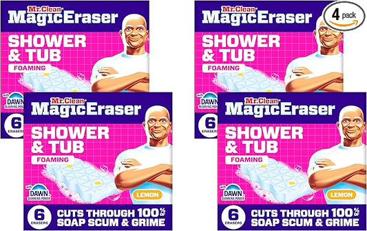 Mr. Clean Magic Eraser Sponge, Bathroom, Shower, Tub Cleaner, Soap Scum Remover, Bathroom Cleaning Supplies, Dawn Cleaning Power with Lemon Scent, Shower & Tub, 6ct (Pack of 4)