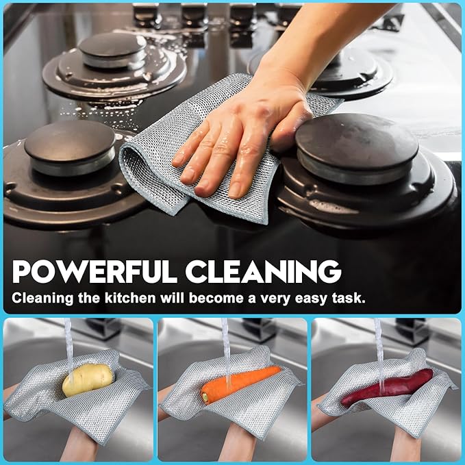 10 Pcs New Upgraded 3 Layers Non Scratch Wire Dishcloth, Multipurpose Wire Dishwashing Rags, Wet & Dry for Cookware, Sinks, Dishes, Stoves & Fireplaces (7.87 x 7.87-10pcs)