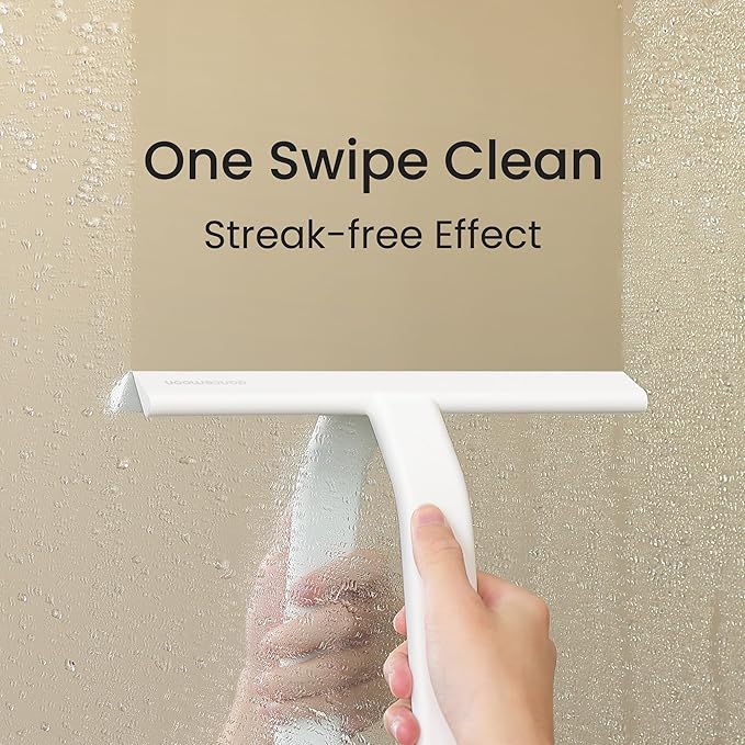 dancemoon JustHang Shower Squeegee for Glass Doors, All-in-One Piece Silicone Squeegee with Built-in Hook for Bathroom, Window, Mirror, Tile Wall, Car, Streak-Free Bathroom Cleaner Tool,10 Inch White
