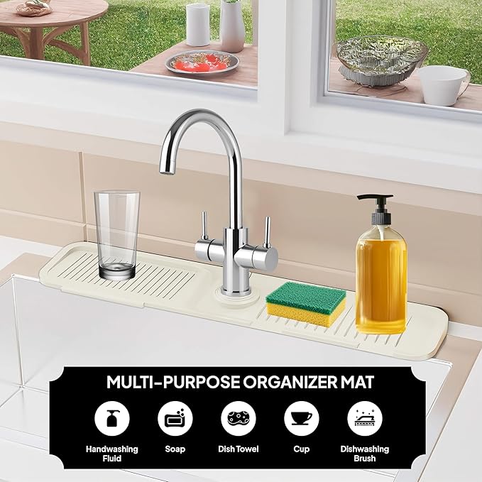 24 Inch Silicone Faucet Mat for Kitchen Sink Splash Guard & Draining Tray Sink Protector with Soap & Sponge Holder White (Purest Peak)