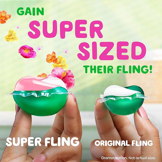 Gain Super Flings Laundry Detergent Pacs, 18 Count, Hibiscus Hula scent, irresistibly clean and fresh washing detergent laundry soap pacs