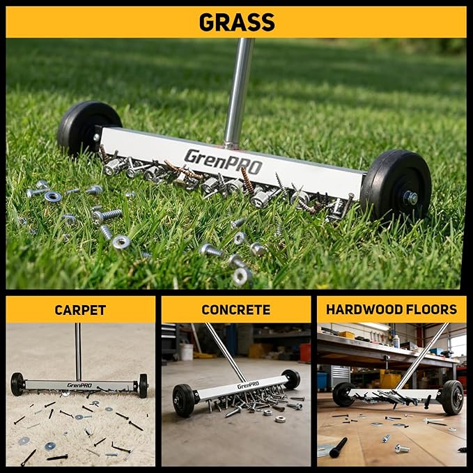 GRENPRO 17" Rolling Magnetic Sweeper with Wheels,8.8 Lbs Pull Force,Telescoping Handle,2-Pack Includes Magnetic Pickup Tool for Construction,Workshop,Garage & Yard