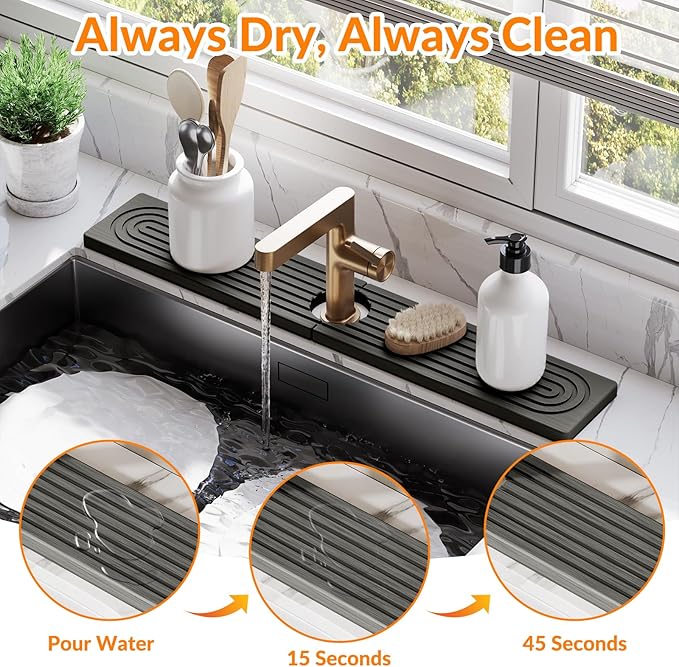 23.6 Inch Stone Faucet Mat for Kitchen Sink Splash Guard, Diatomite Sink Protectors for Kitchen Sinks Behind Faucet, Quick Dry Water Absorbing Stone Tray , Drip Catcher (Dark Gray, 23.6" x 3.9")