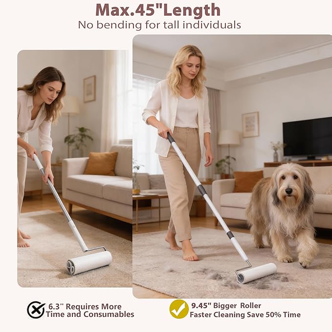 Large Lint Rollers for Pet Hair Extra Sticky, 9.45'' Long Handled Giant Lint Roller,6 Replaceable Rolls for Cleaning Carpets, Clothing, Couch, Furniture Wall Cleaner Mop Dust Remover