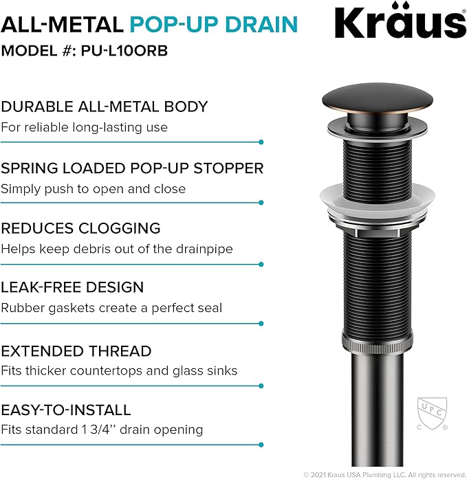 KRAUS Bathroom Sink Pop-Up Drain Assembly in Oil Rubbed Bronze for Vessel Sinks and Sinks without Overflow, with Extended Thread for Thicker Countertops,PU-L10ORB