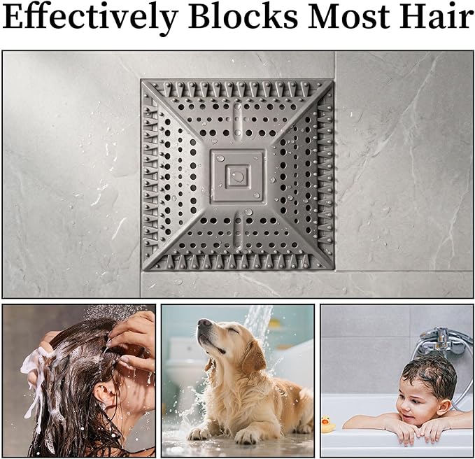 Square Silicone Shower Drain Hair Catcher - Prevents Clogs, Easy Clean & Install Bathroom Drain Cover for Shower/Tub/Sink, Fits Most Standard Drains, Grey