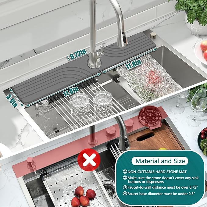 Kitchen Sink Diatomite Splash Guard - Fast-Drying Anti-Slip Diatomite Sink Protector, Stone Absorption Tray for Bathroom Countertops (Gray, 23.6" x 3.9" x 0.4")