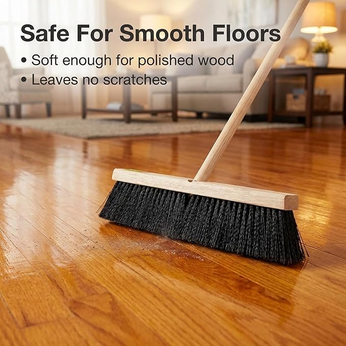 Black Indoor Push Broom Head – Heavy Duty Hardwood Block – Polypropylene Bristles – Deck Scrub Brush – Two Threaded Handle Holes for Better Assist (14")