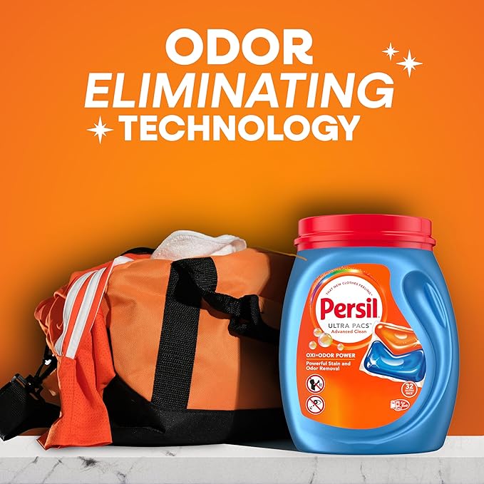 Persil Ultra Pacs Advanced Clean Oxi+Odor Power Laundry Detergent, 60 Count, No Mess, Single-Dose Laundry Soap, Fights Tough Stains & Odors, All Water Temperatures, HE Safe