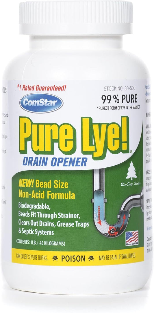 ComStar Pure Lye 1 lb - Unique Sodium Hydroxide Beads | Drain Opener & Soap Making | Biodegradable, Eco-Friendly (30-500)