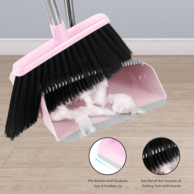BSKLIN Broom and Dustpan Set, 54” Long Adjustable Household Hand Broom with Dustpan Teeth to Clean Hair Broom with Dustpan Set Heavy Duty to Clean Hair for Home Lobby Office (Pink)