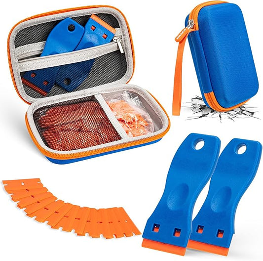 Plastic Razor Blade Scraper, 2PCS Scraper Tool with 100PCS Plastic Blades Carry Case, Cleaning Scrapers Remover Storage for Stickers, Decals, Adhesive, Labels, Paint, Glass, Car, Window, Caulk