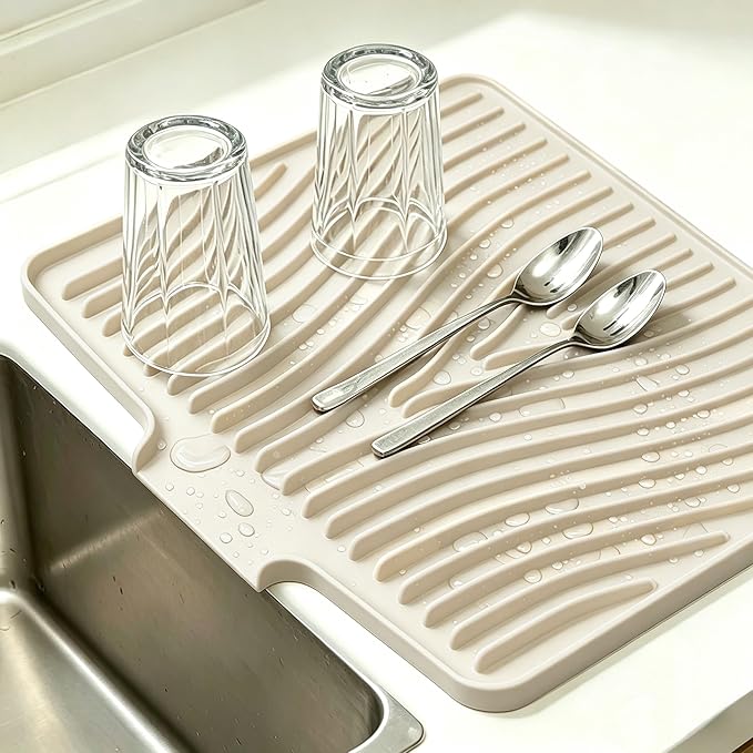 Silicone Dish Drying Mat,Dish Drying Pad,Kitchen Accessories,with Built-In and Non-Slip Drain,Easy Clean, Fit for Kitchen, Bar, RV, Refrigerator and Drawer Liner, 15.7*13 in Off White 1PCS by EBIGIC