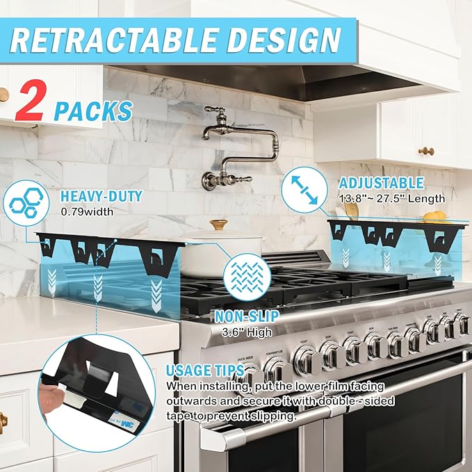 Esmorah Stainless Steel Stove Gap Covers, Oven Gap Filler Perfect for Kitchen Stove and Counter Side Guard, Heat Resistant with Easy Clean, Retractable Length 13.8" to 27.5" Black (2 Pack)