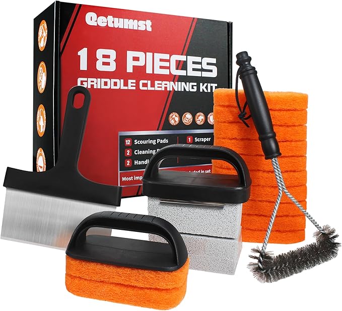 Griddle Cleaning Kit for Blackstone, 18 Pieces Flat Top Grill Cleaning Kit with Durable Scraper, Grill Brush, Cleaning Brick and Scouring Pads, Griddle Accessories Set for Easy Restoration