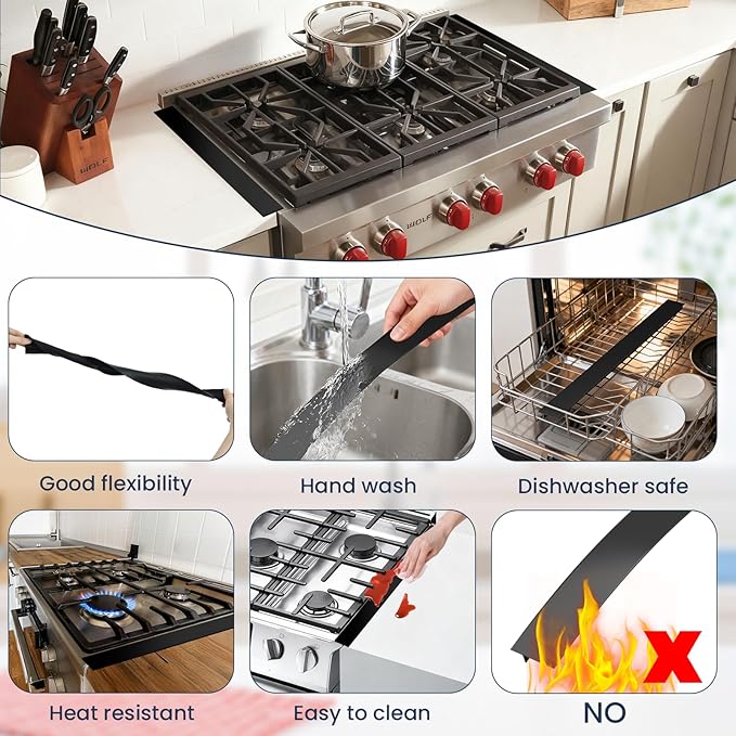 Silicone Stove Gap Covers (2Pack 25 Inches), Heat Resistant Oven Gap Filler Seals Gaps Between Stovetop and Counter, Easy to Clean Stove Gap Guard, Black