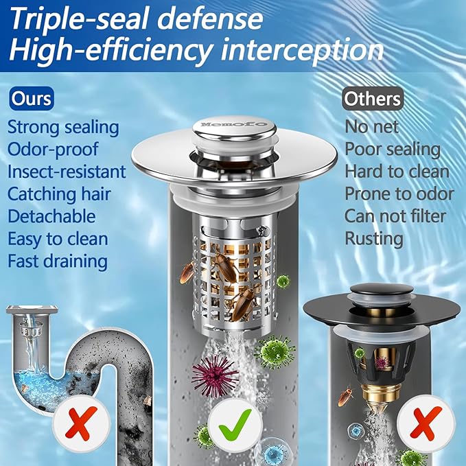 Bathroom Sink Drain Strainer, Stainless Steel Pop-up Strainer Basket Hair Catcher with Removable Basket, Brass Bullet Core, Universal Fit 1.1-2.36 Inch (4PCS)