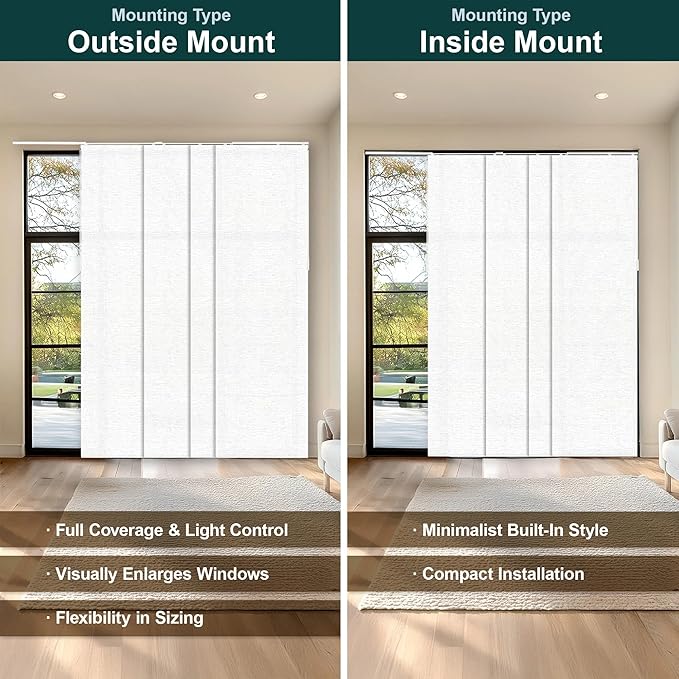 CHICOLOGY Panel Track Blinds for Sliding Glass Doors, 4 Panel Sliding Panels, Adjustable Track 46-86" W, Trimmable Height Up to 96" H, Light Filtering Privacy Room Divider, Chalk White