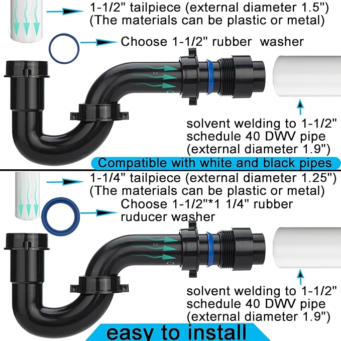 (2 Pack) Yariwiz Black 1-1/2 inch P Trap for Bathroom Kitchen Sink Drain Replacement Tubular Plumbing Pipe Assembly KSD-001B(2 PACK)