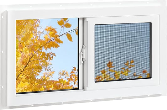 Vinyl Basement Window, 32" x 18" Bathroom Sliding Window with Double Pane Insulated Tempered Glass and Fiberglass Screen for Basement, Bathroom, Shed (White)