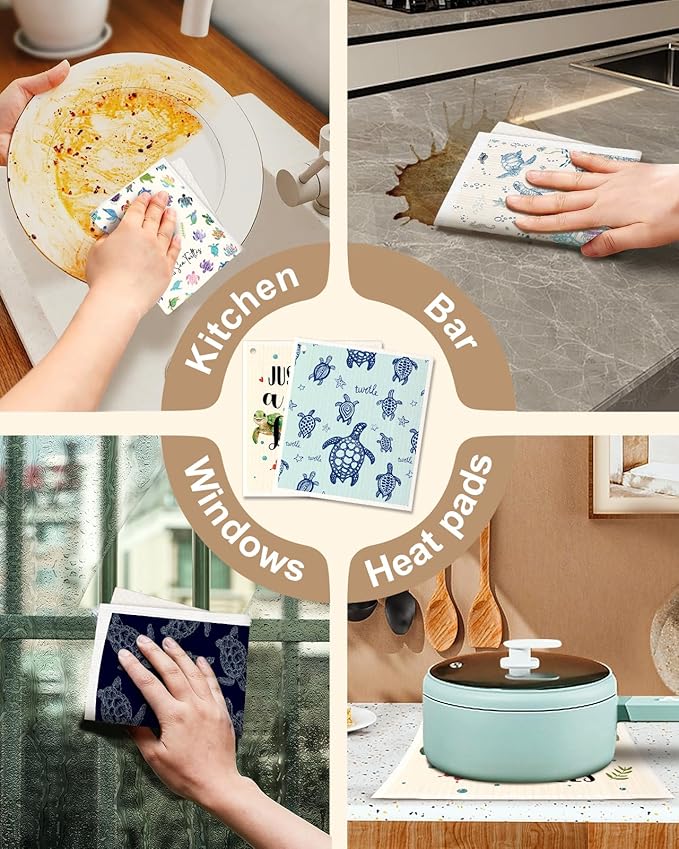 Miss Adola Kitchen Swedish Dishcloths with Hooks - 6 Pack Reusable Dish Cloths for Washing Dishes Fast Drying Cute Fun Swedish Dish Towels Washable Cleaning Sponge, Blue Turtle