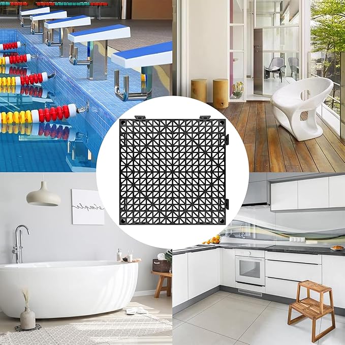 ToLanbbt Modular Interlocking Cushion 24P 11.8" x 11.8" Interlocking Rubber Floor Drain Holes Non-Slip Splicing Drainage Mats for Deck, Shower, Kitchen, Drain Pool, Sauna Bath, Indoor Outdoor (Black)