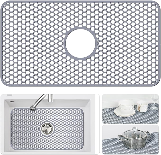 Silicone Sink Mat - Protectors for Kitchen Sink with Center Drain, 26"x 14" Kitchen Grid Accessory, Non-Slip Heat-Resistant Mat for Bottom of Farmhouse Porcelain Stainless Steel (Center Hole)