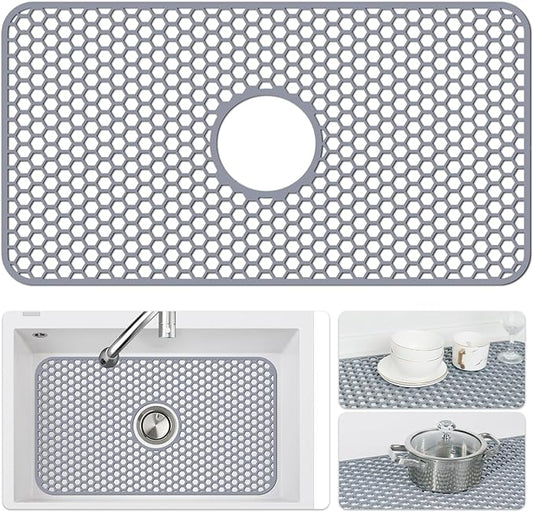 Silicone Sink Mat - Protectors for Kitchen Sink with Center Drain, 26"x 14" Kitchen Grid Accessory, Non-Slip Heat-Resistant Mat for Bottom of Farmhouse Porcelain Stainless Steel (Center Hole)