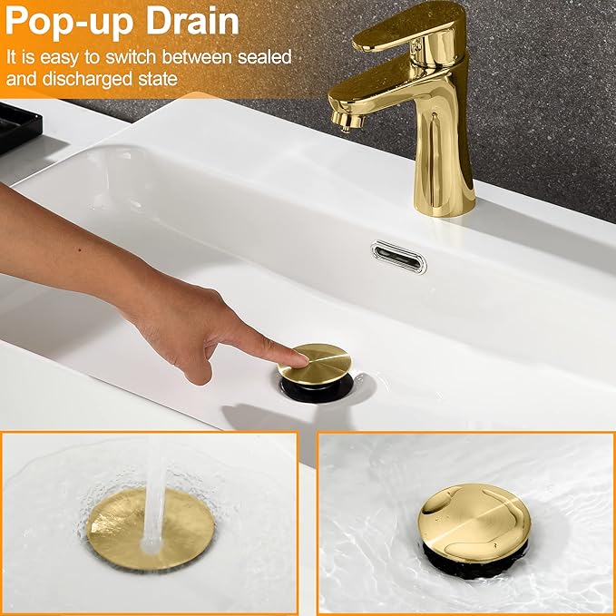 Pop up Bahtroom Sink Drain with Overflow, Brushed Gold Vessel Sink Drain for Bathroom Assembly, Anti Clogging Bathroom Sink Stopper, Suit for 1 3/4 Hole