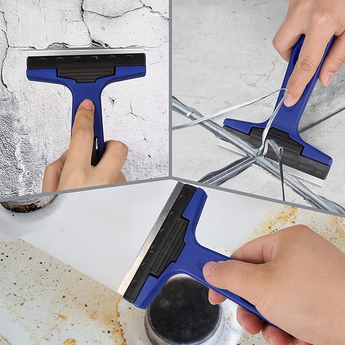 Razor Blade Scraper, 4" Scraper Tool with 10 Extra Replacement Metal Blades, Razor Scraper Remover for Cleaning Paint, Caulk, Adhesive, Label, Decal, Sticker from Window, Glass, Tile, Floor, Stove Top