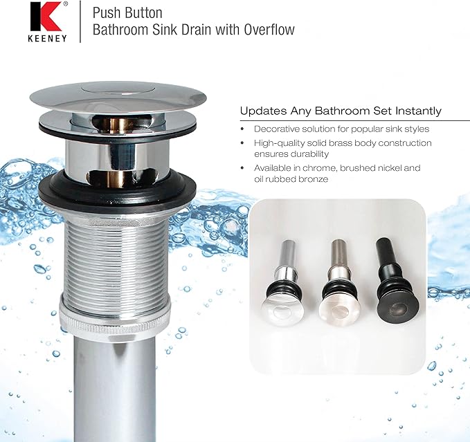 Keeney Universal Button Bathroom Sink Drain with Overflow, Polished Chrome
