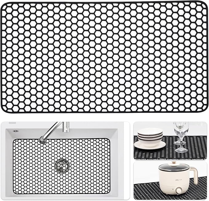 Silicone Sink Protectors for Kitchen Sink - 26"x 14" Kitchen Protector Accessory, Non-Slip Heat Resistan Mat for Bottom of Farmhouse Stainless Steel Porcelain, Dishwasher Safe (Black)
