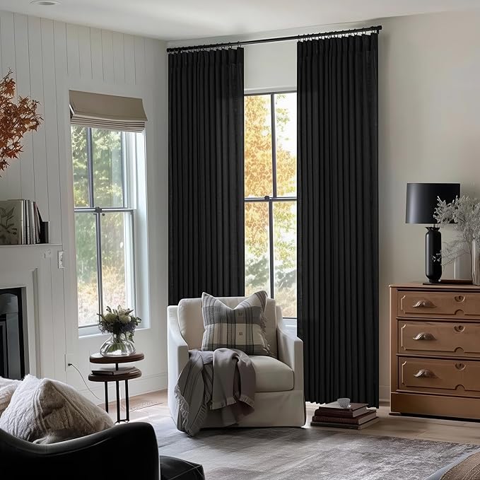 Pinch Pleated Black Linen Curtains 96 Inches Long for Living Room Bedroom Light Filtering Boho Window Drape 96 Inch 2 Panels with Hooks Rings 8ft Black Sliding Glass Door Semi Sheer Curtain