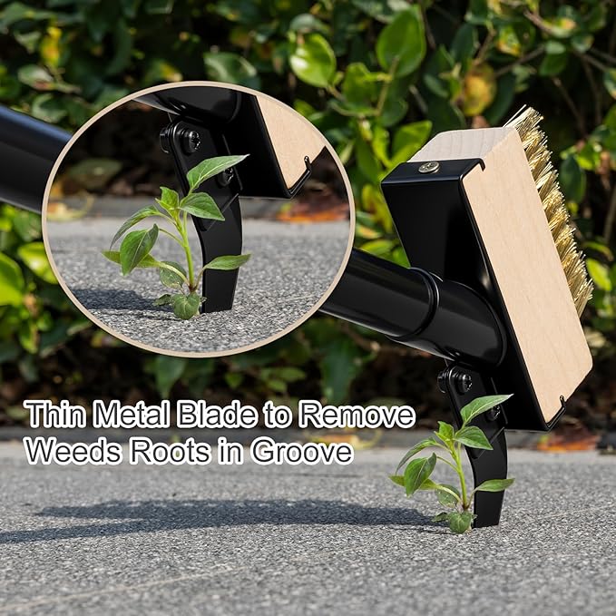 Weed Moss Remover Brush with Long Handle(50IN), Crack Weeder Moss Removal Tool with Wire Brush & Scraper, Weed Puller Crevice Cleaning, Remove Weeds on Roof Deck Driveway Paver(4 Brushes)